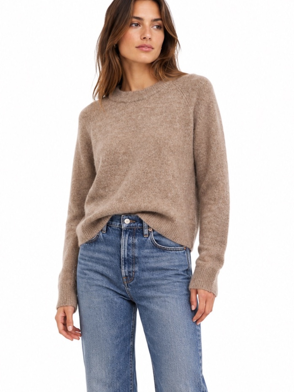 Zara Soft Alpaca Wool Blend Crewneck Sweater Taupe Beige Fuzzy Knit Size Small